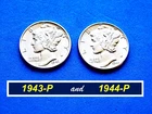 1943-P and 1944-P Mercury Dimes ➳ Two (2)  "AU" Mercury Dimes  ➳  343.44