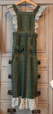 Vintage 1970s Style Apron Full Pinny Maxi Frill - Green White Floral Prairie - M