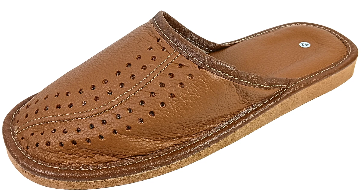 Herren Leder Hausschuhe Echtleder Pantoffeln Latschen Schlappen Braun Gr. 40-46