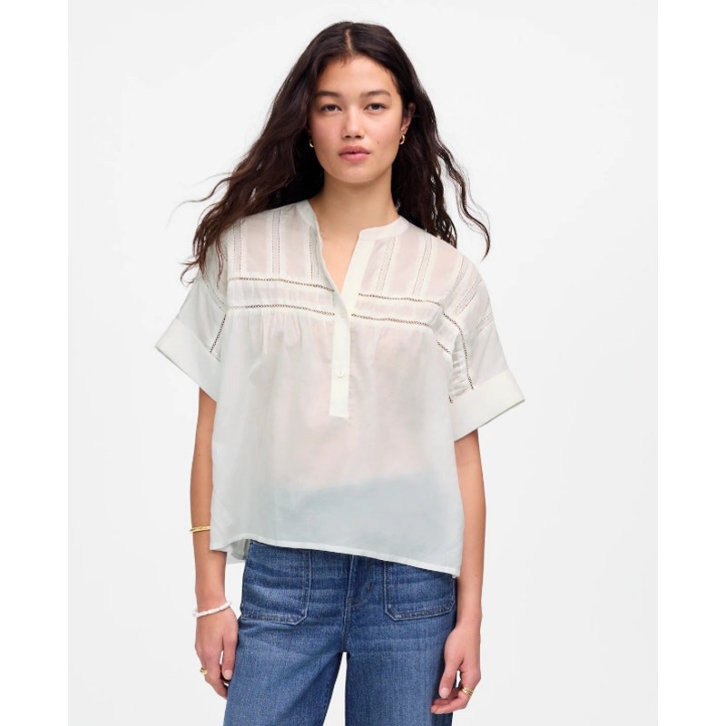 Madewell Lace-Inset Pintucked Henley Top M White Cuffed Short