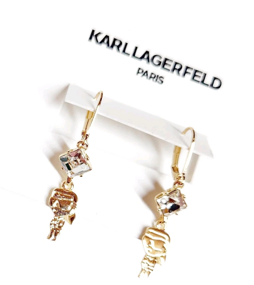 Pendientes colgantes Karl Lagerfeld doble cristal Karl Charm latón chapado en tono dorado nuevos con etiquetas Foto 3 de 4