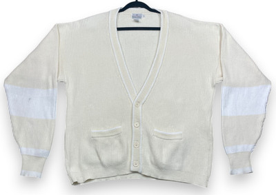 Vintage Neiman Marcus Cardigan Sweater Mens XL Ivory White Striped Cotton Ribbed