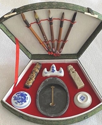 Chinese Calligraphy Set: Seals, Ink Stone, Ceramic Holders, Authentic Brushes