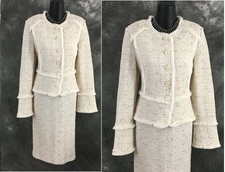 BEAUTIFUL St John knit white multi fringe jacket dress suit size 8