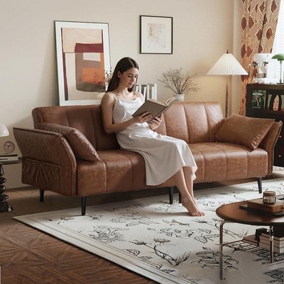 83'' Futon Sofa Bed Leather Sleeper Sofa with Adjustable Backrest Loveseat Couch