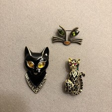 Collection Of 3 Cat Themed Pins With Enamel And Rhinestones In Gold Tone Metal