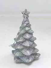 Small Silver Christmas Tree Figure Ornament Topper Glitter Hard Plastic 3.75"