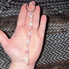 Beaded Metal Plastic Key Chain Key Ring Charm, Pink White pearl beads