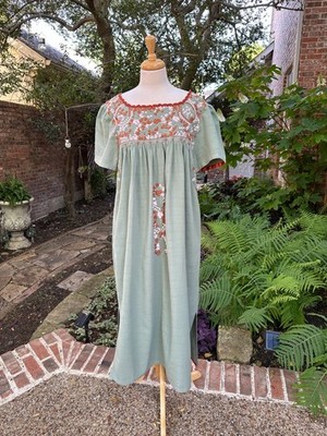 Mi Golondrina Primavera Cotton Embroidered Mexican Midi Dress Pockets Sz LG  | eBay