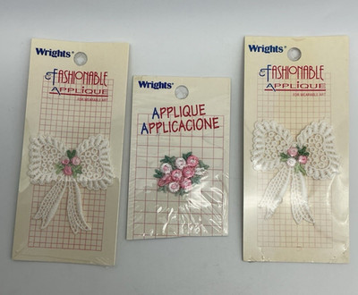 Wrights Fashionable Appliqués 2 -Lacey Bows 1 -Flower Bouquet  New Set Of 3