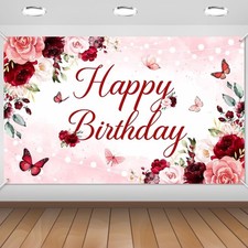 Floral Happy Birthday Banner Rose Gold Red Party Decor for Women Girls 6X3.6Ft
