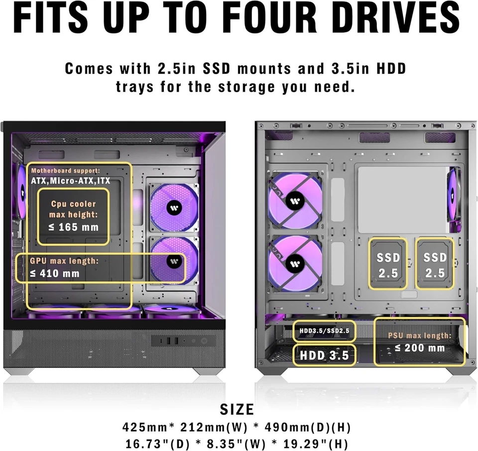 PC CASE ATX 6 PWM ARGB Fans Pre-Installed, Mid-Tower Gaming PC Case, Panoramic T - Image 3 of 4