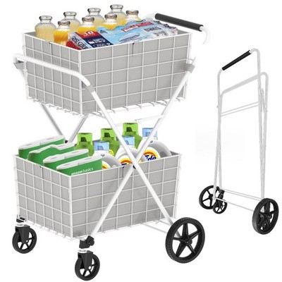 Foldable Utility Shopping Cart 2 Baskets Utility Cart for Laundry Shopping White