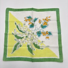 VTG Lily Of The Valley And Cloudberries Diagonal Green Yellow Motif Handkerchief