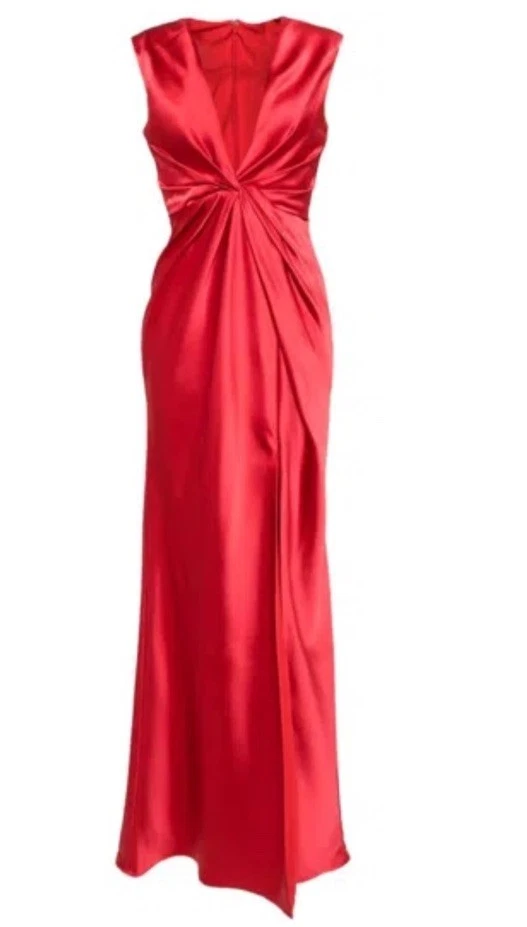 Vestido para mujer Amsale rojo fluido satinado drapeado cuello en V torcido delantero, rojo, 14 Foto 2 de 4