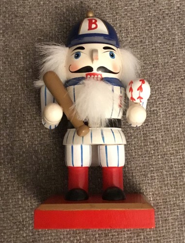 Small Baseball Nutcracker. Wooden. Blue hat & Stripe Uniform - Foto 1 di 6