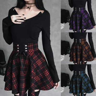 New Women Gothic Lace Up Plaid Pleated A-line Short Skirt Ball Gown Mini Dress @