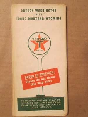 Texaco Road Map of Oregon Washington Idaho Montana Wyoming 1947
