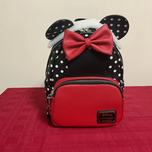 LOUNGEFLY DISNEY MINNIE MOUSE DOTS & BOW FIGURAL MINI BACKPACK NWT!!!
