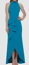 Vince Camuto Women's Blue Halter Ruffle Sleeveless Tulip-Hem Gown Dress Size 6