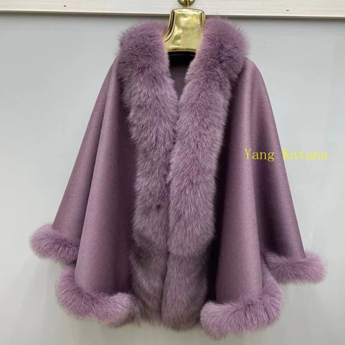 Beautiful Wool Cardigan Shawl with Real Fox Fur Trim Cape Cape Women's Fur Wrap - Picture 6 of 22