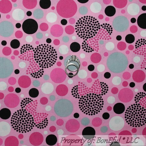 BonEful Fabric BTY Cotton Pink Black White Gray B&W Minnie Mouse Dot Disney Girl - Picture 1 of 6