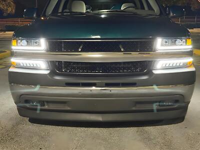 Fits 1999-2002 Silverado Tahoe Slick Black Projector LED Headlights+Bumper Lamps