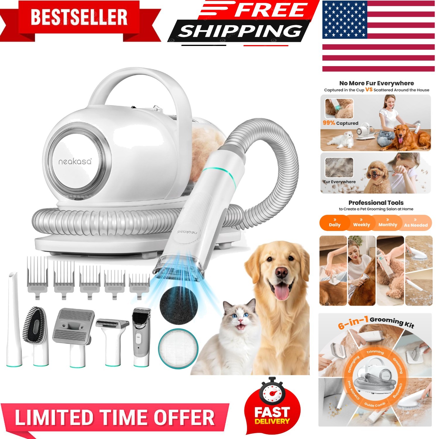 P1 Pro Dog Grooming Vacuum Kit, 6-in-1 Pet Hair Grooming with Clippers and Va...