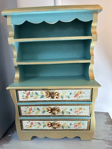Salesman's Sample Wood Hutch Buffet Doll Furniture Drawers Crackle Flowers 16” - Picture 1 of 18