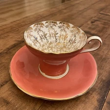 Aynsley Tea Cup and Saucer Fine Bone China. Persimmon &Gold Color. Corset Shape.