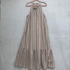 Nine West Dress Womens XL Pink Stripe Linen Halter Maxi Flowy Casual Sundress