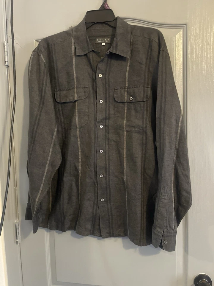 Sulka Made In Italy 100% Linen Shirt Men L Gray - Image 4 of 4