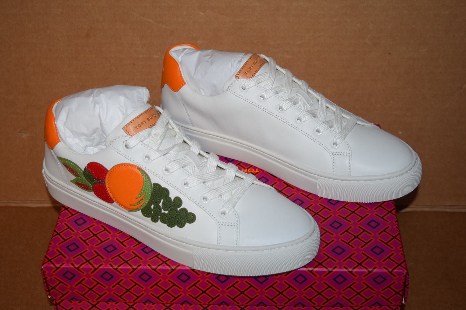 TORY BURCH FRUIT BASKET COLOR BLOCK SNOW WHITE LEATHER SNEAKERS, 5.5, 9.5, 11