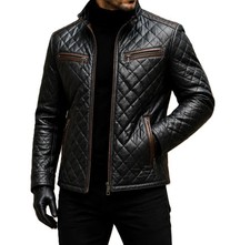 Men's Genuine Lambskin Leather Black Quilted Cafe Racer Biker Motorcycle Jacket
