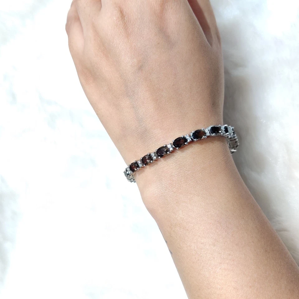 Brazalete de tenis de plata de ley 925 con piedras preciosas de cuarzo ahumado natural y circón G87 Foto 3 de 4