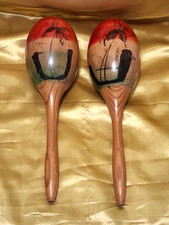 Vintage Hand Painted Wooden Maracas 11 Inches Tropical Palm Tree Beach Motif
