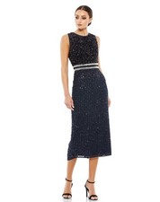 Mac Duggal Navy High Neck Sequined Sleeveless Evening Dress Midi 10509 Sz 16