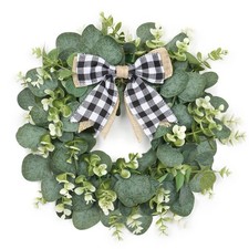 Dremisland 12" Artificial Eucalyptus Wreath with Plaid Bow  Spring Summer Green