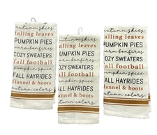 Fall Kitchen Towels Set Of 3 Cream Gold Autumn Sayings Glitter Cotton NWOT