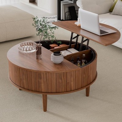 Round Fluted Lift Top Coffee Table W/ Storage Mid Century Modern Coffee Table