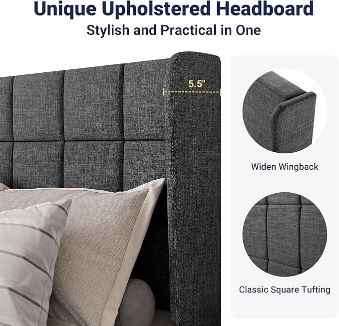 Sifurni Full/Queen/King Size Bed Frame with Wingback Fabric Headboard, Dark Grey - Image 3 of 4