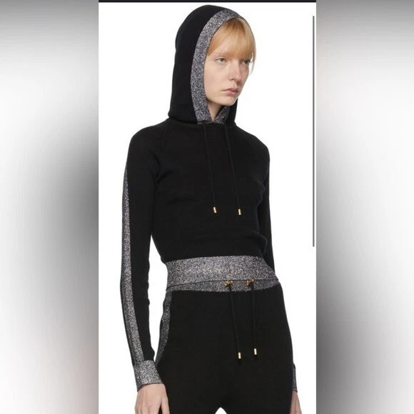 Balmain — BALMAIN Lurex Striped Cropped Knit Hoodie Sz 40