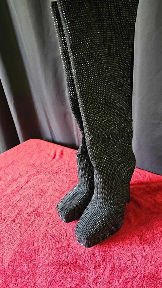 Sun Gurg Women's Thigh High Rhinestone Platform Stiletto Boots – Size 9, Black - Image 3 of 4