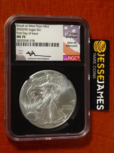 2020 (W) SILVER EAGLE NGC MS70 MERCANTI STRUCK AT WEST POINT FIRST DAY OF ISSUE