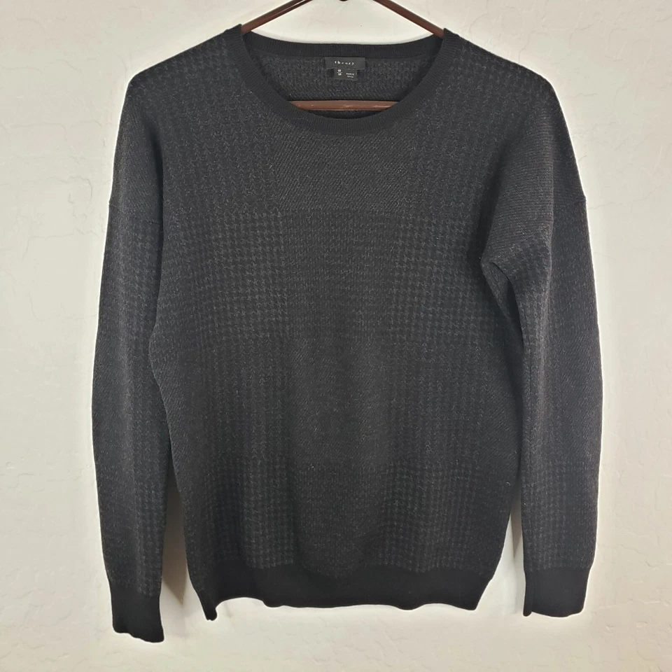Suéter de lana Theory para mujer mediano negro pata de gallo manga larga Foto 4 de 4