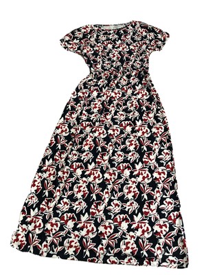 Esmara Long Floral Red White Blue Short Sleeve Cinched Waist Size L Dress Maxi