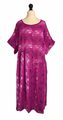 Italian Lagenlook Magenta Pink Pattern Cotton Peasant Dress -UK Size 14 16 18 20 - Picture 1 of 8