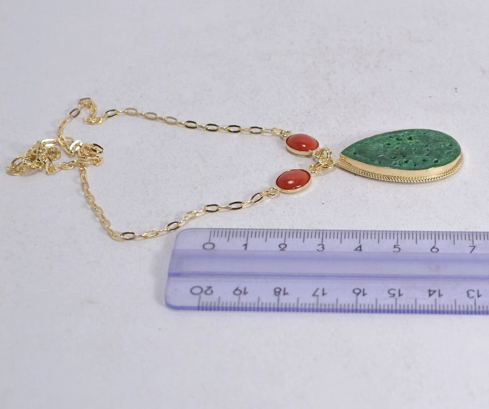 COLLLANA ARGENTO DORATA  GIADA  E CORALLO ROSSO CABOCHON  8x10 mm      AGLN 0257 - Immagine 3 di 3