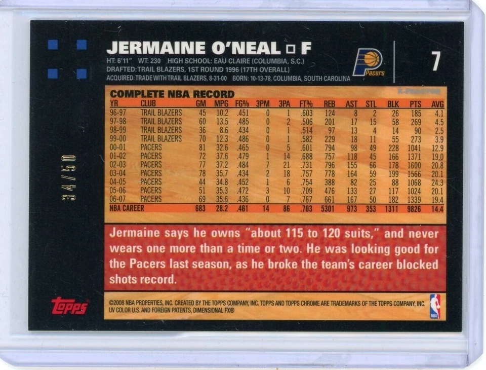 2007-08 Topps Chrome Basketball Xfractor #7 Jermaine O'Neal No 34 of 50 - Image 2 of 2