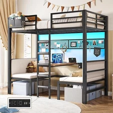 Twin Over Twin Bunk Bed with Desk Stair Led Lights Charging Station for Teen